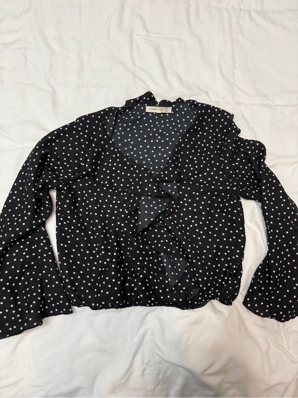 INDULGE Polka Dot Ruffle V-Neck Blouse - Black/White
